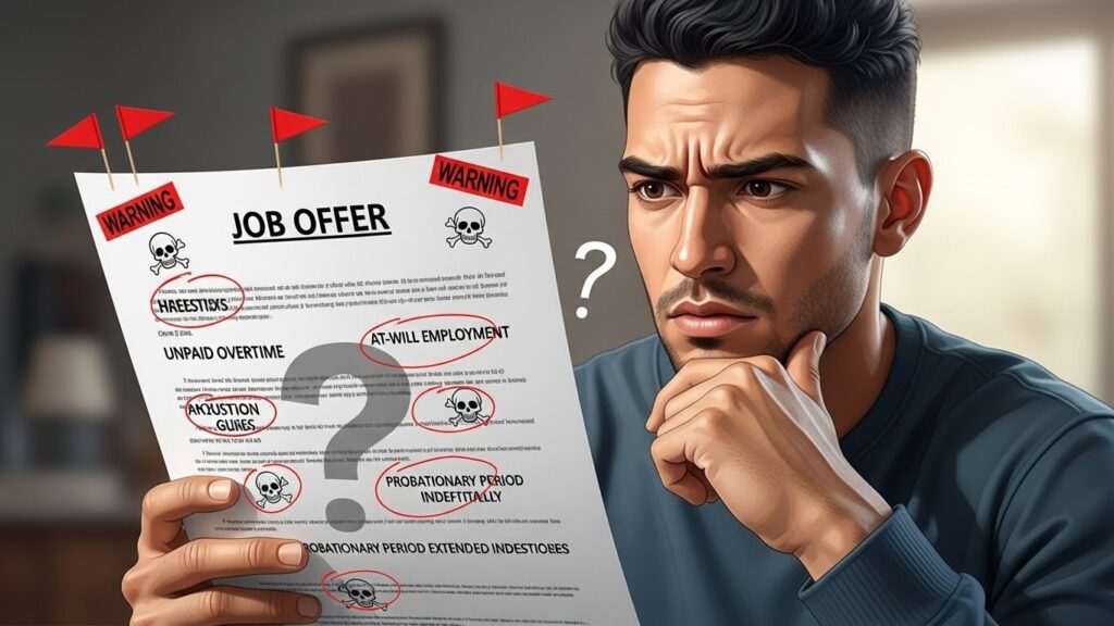 Cómo evitar fraudes laborales en Estados Unidos si eres inmigrante - "Ilustración realista de un trabajador latino identificando señales de alerta en una oferta laboral fraudulenta."