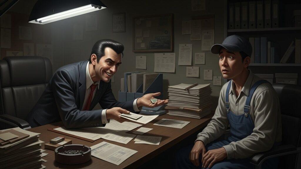 Cómo evitar fraudes laborales en Estados Unidos si eres inmigrante - "Ilustración realista de un empleador sospechoso pidiendo dinero o documentos a un inmigrante."