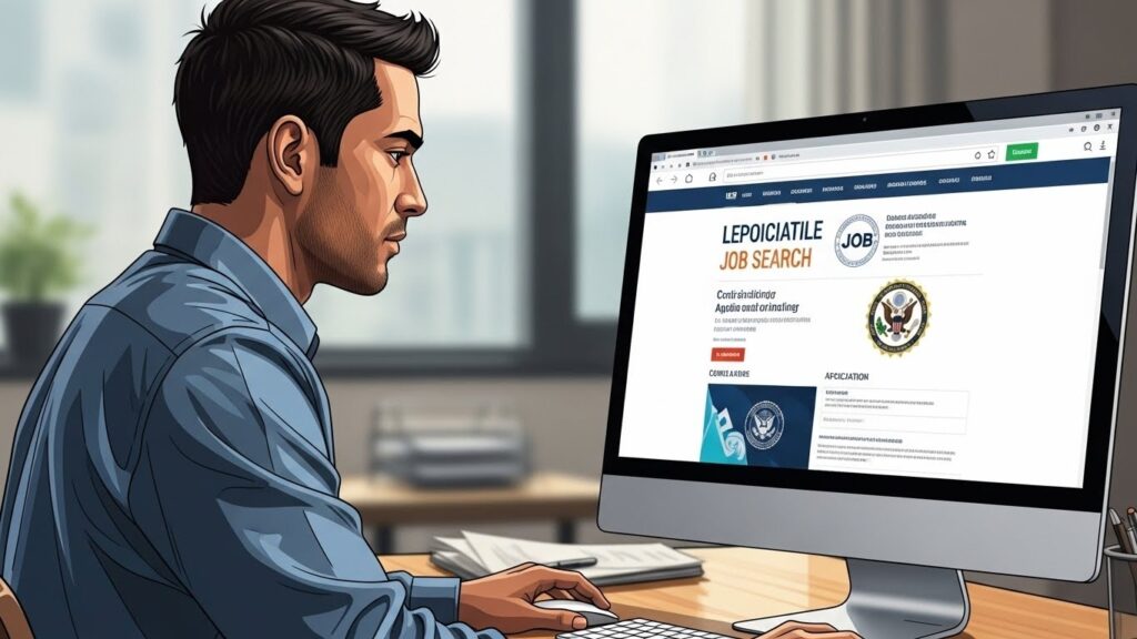 Cómo evitar fraudes laborales en Estados Unidos si eres inmigrante - "Ilustración realista de un inmigrante latino verificando una empresa real antes de aceptar un empleo."