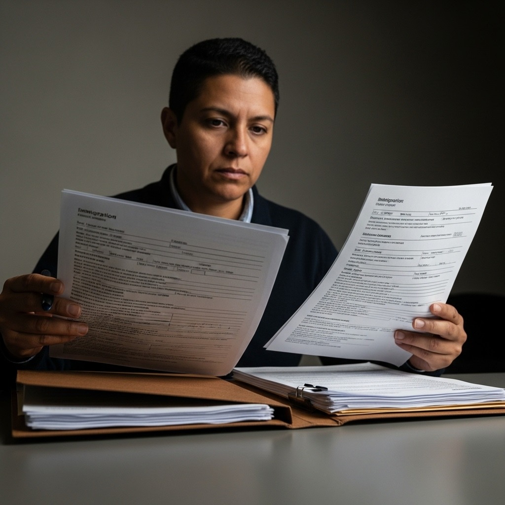 Cómo solicitar asilo en Estados Unidos Paso a Paso (Explicado Fácil) Guía Definitiva 2025 - Persona revisando formularios de asilo I-589 en su hogar