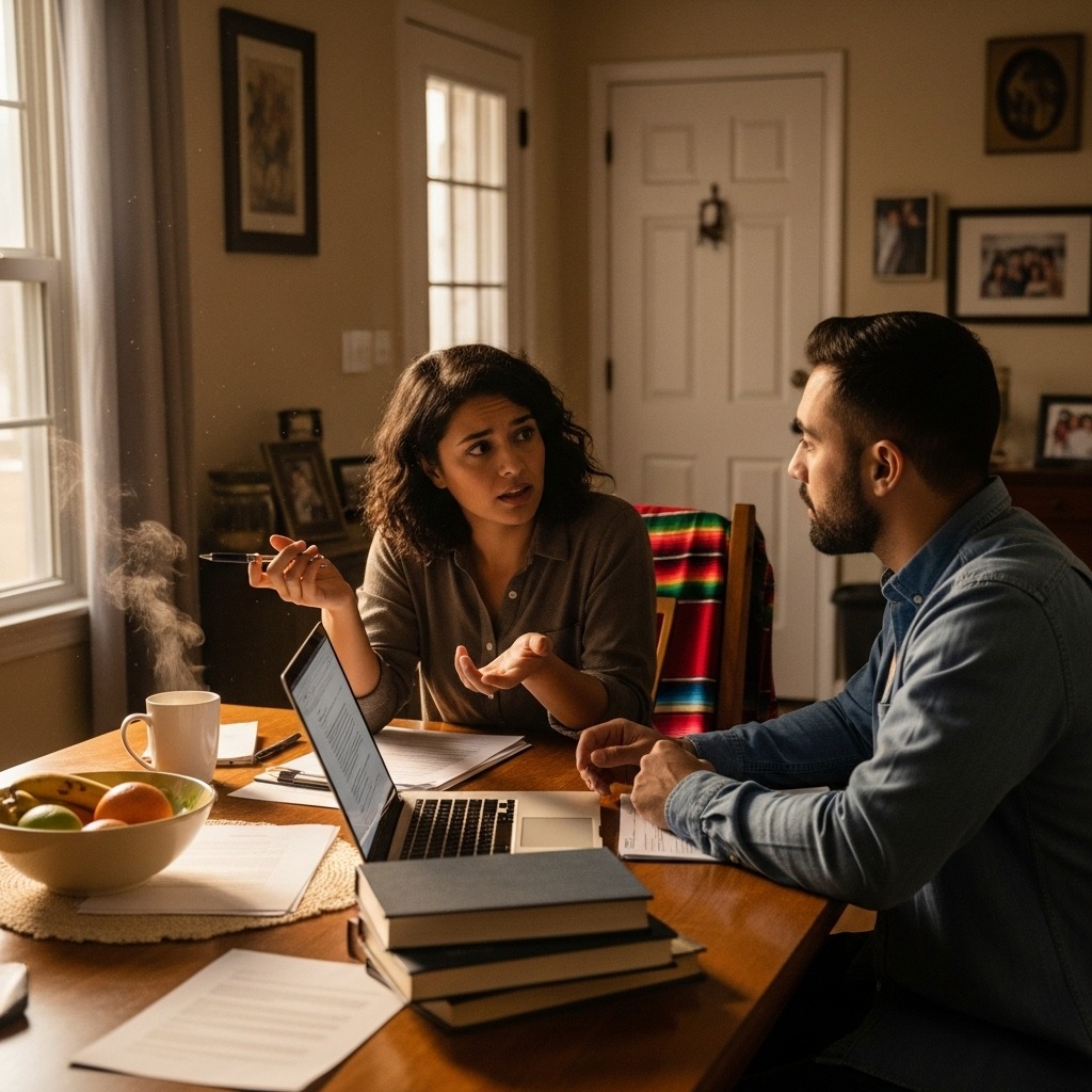 Cómo solicitar asilo en Estados Unidos Paso a Paso (Explicado Fácil) Guía Definitiva 2025 - Pareja latina conversando sobre trámites migratorios en USA