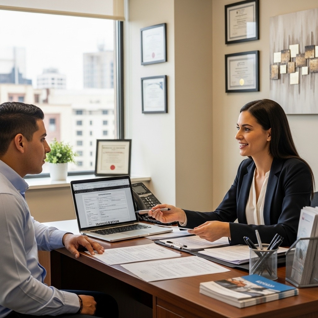 Cómo solicitar asilo en Estados Unidos Paso a Paso (Explicado Fácil) Guía Definitiva 2025 - Oficina de asesoría legal con documentos migratorios en una mesa