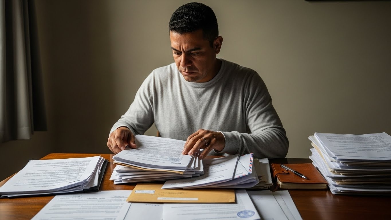 Cómo solicitar asilo en Estados Unidos Paso a Paso (Explicado Fácil) Guía Definitiva 2025 - Inmigrante latino organizando documentos para solicitar asilo en Estados Unidos