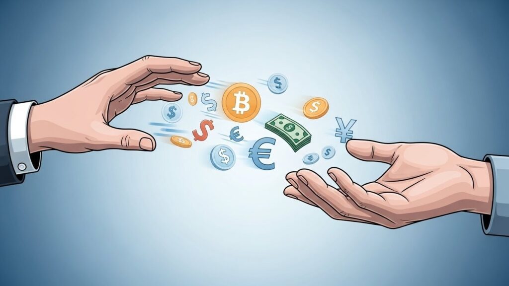 Consejos para enviar dinero de USA a Latinoamérica - “Ilustración editorial de dos manos pasándose dinero digital representado con iconos, estilo profesional, sin texto.”