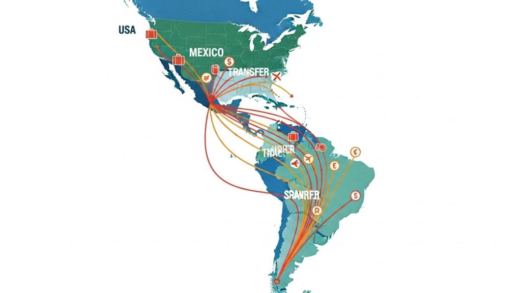 Consejos para enviar dinero de USA a Latinoamérica - Ilustración de transferencia de dinero entre Estados Unidos y Latinoamérica