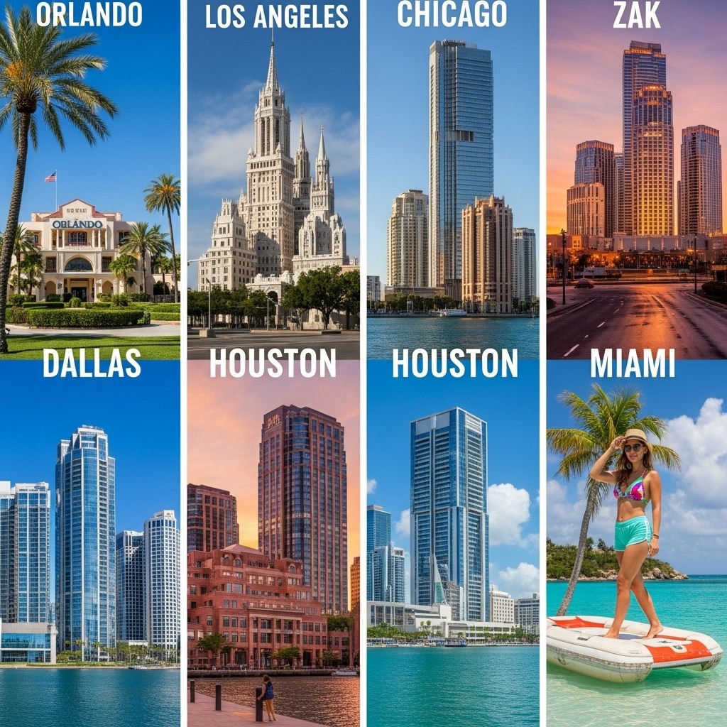Mejores ciudades para latinos en Estados Unidos - Un collage de imágenes de las ciudades: orlando, los ángeles, Chicago, Dallas, Houston, y Miami, donde se vea los sitios más representativos de cada ciudad , en una sola imagen