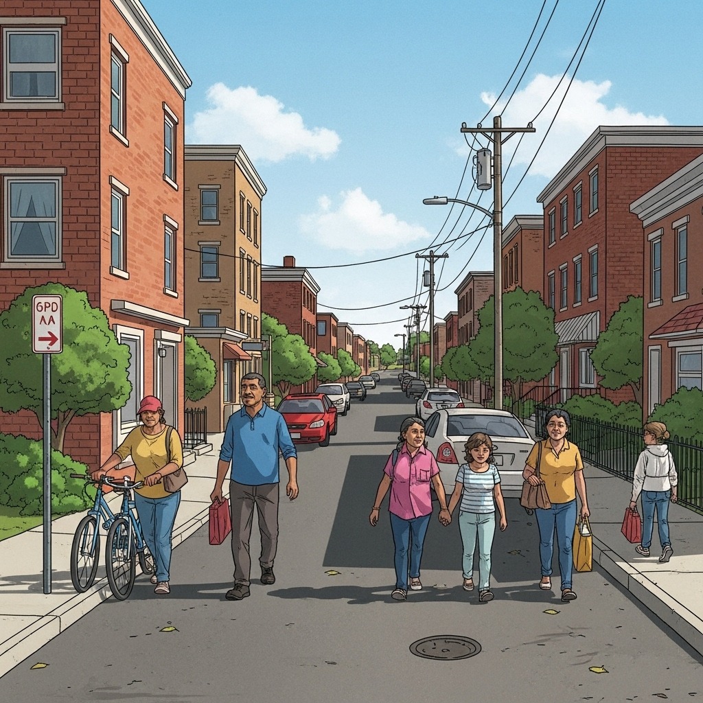 Mejores ciudades para latinos en Estados Unidos - Barrio urbano con presencia de comunidad latina en una ciudad estadounidense