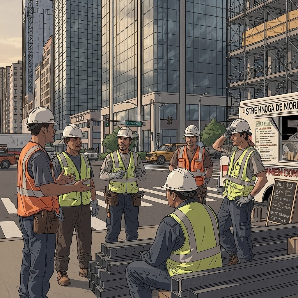 Mejores ciudades para latinos en Estados Unidos - Trabajadores latinos conversando en un área urbana moderna de USA