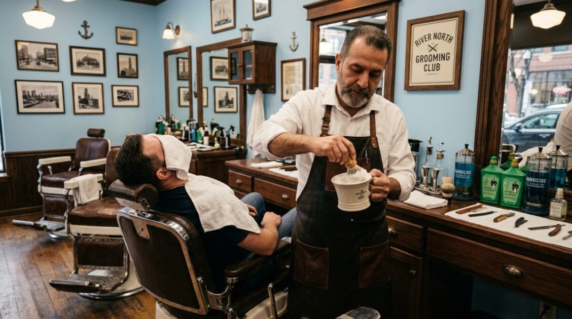 Afeitado clásico con espuma caliente y brochado tradicional en Levant Barber Shop en River North Chicago.