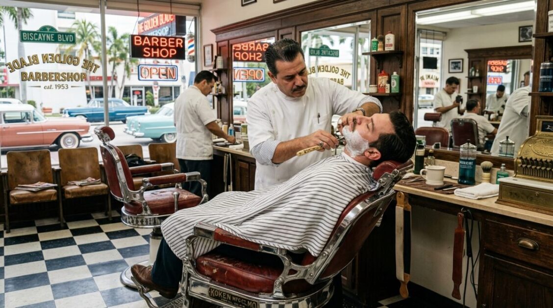 Afeitado clásico con navaja y ambiente retro en Miami Old School Barbershop en Biscayne.