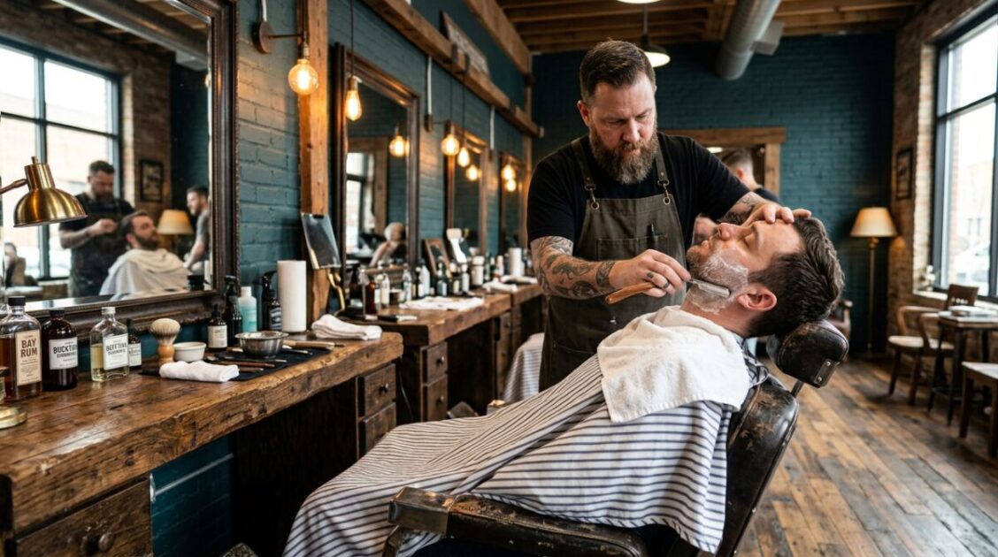 Afeitado tradicional con navaja y toalla caliente en Black River Barbershop en Bucktown Chicago.