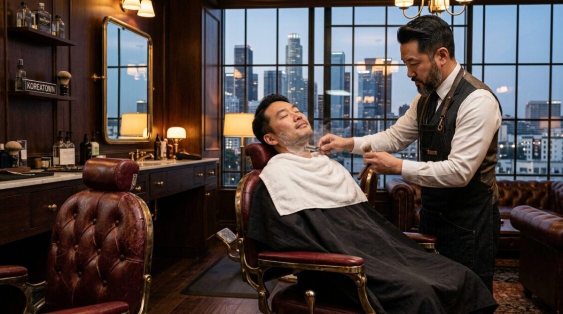 Afeitado tradicional de lujo con toalla caliente en The Barbershop Club dentro de The LINE Hotel en Los Ángeles.