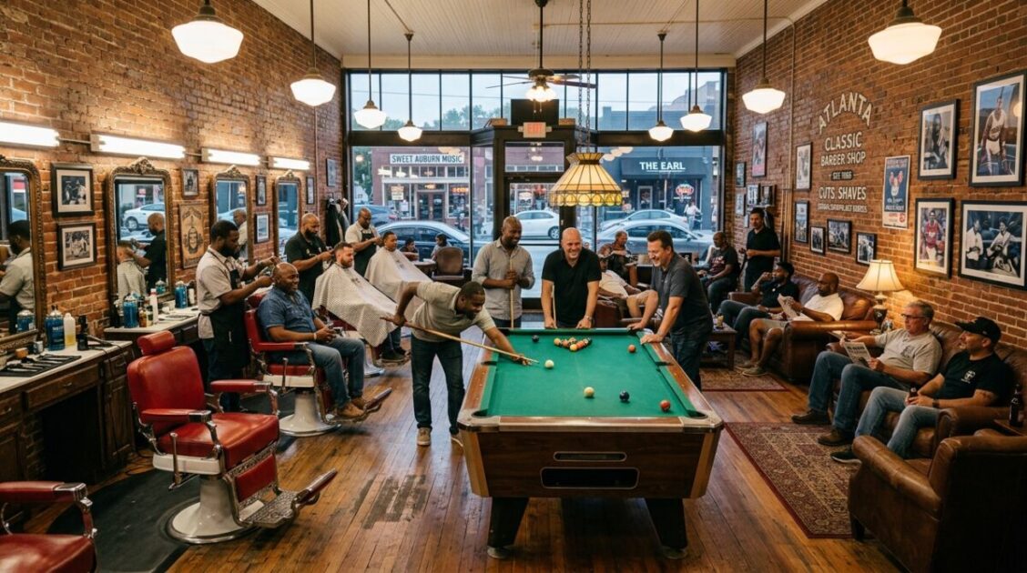 Ambiente de club social con sillas rojas y mesa de billar en Rolfys Barbershop en Plaza Fiesta Atlanta.