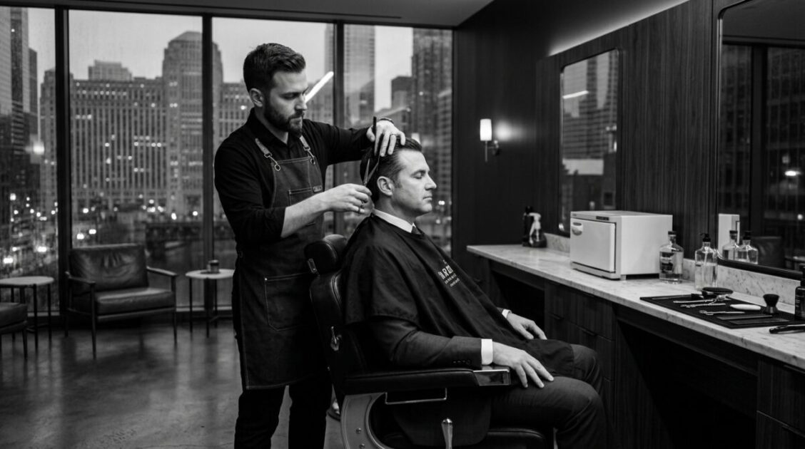 Barbero realizando un corte ejecutivo en el exclusivo lounge Groom for Gentlemen en River North Chicago.
