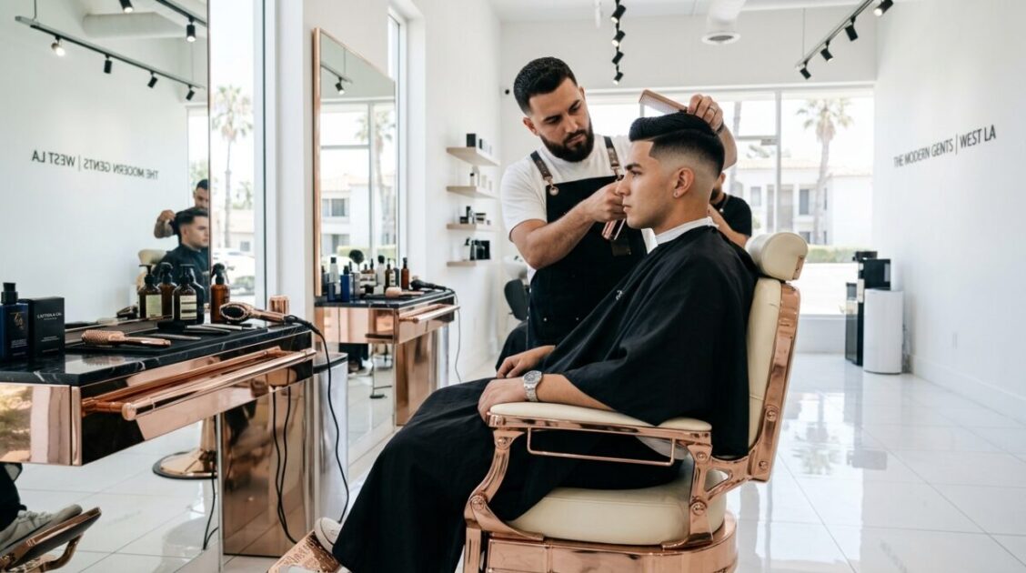 Barbero realizando un degradado de precisión en las sillas de oro rosa de Barbershop Classic LA.