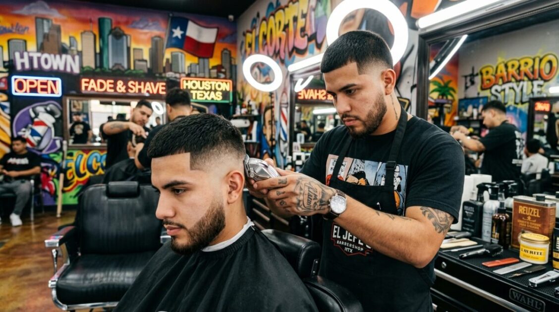 Barbero realizando un fade latino de alta precisión en Neno Stylo Barber Shop en Houston Texas.