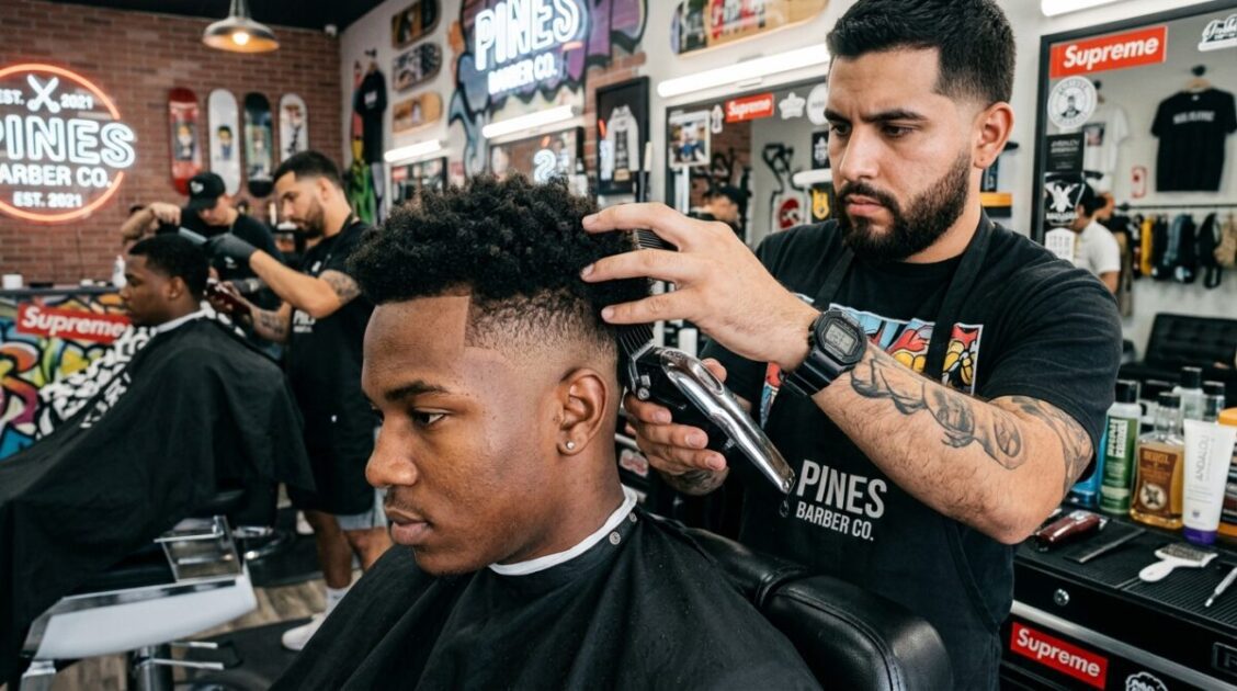 Barbero realizando un fade urbano de alta precisión en Mr Cutz Barbershop en Pembroke Pines.