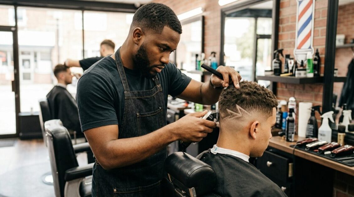 Barbero realizando un fade y diseño capilar de precisión en Atlanta’s 24 Hour Barber Shop.