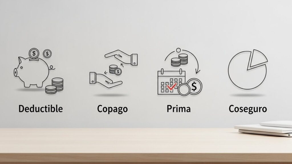 Cómo funcionan los costos de salud en Estados Unidos para inmigrantes - “Ilustración realista explicando deducible, copago y prima del seguro médico.”