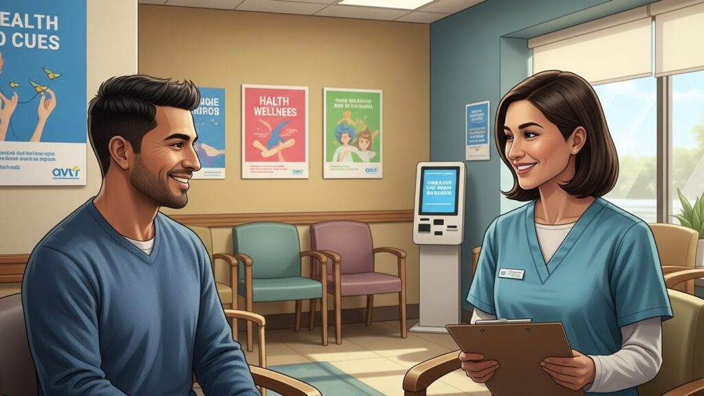 Cómo funcionan los costos de salud en Estados Unidos para inmigrantes - “Ilustración realista de inmigrante latino en una clínica comunitaria en EE.UU.”