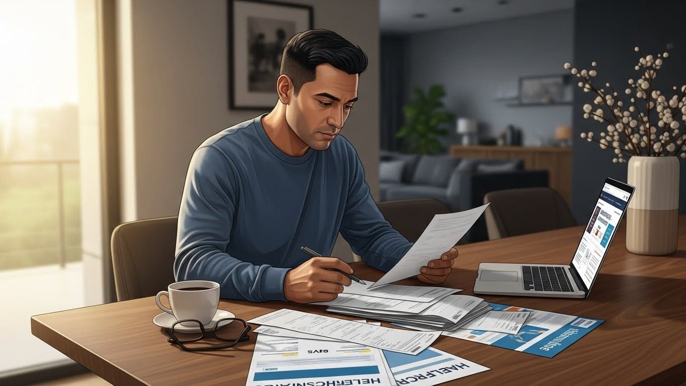 Cómo funcionan los costos de salud en Estados Unidos para inmigrantes - “Ilustración realista de inmigrante latino revisando costos de salud y seguros en Estados Unidos.”