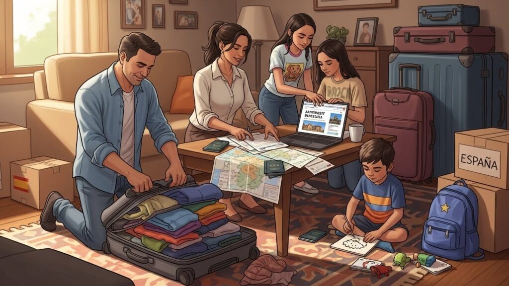 Cómo prepararse antes de mudarse a España desde Latinoamérica - "Ilustración realista de una familia latina preparando maletas y documentos antes de mudarse a España."