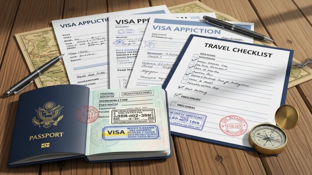 Cómo prepararse antes de mudarse a España desde Latinoamérica - "Ilustración realista de pasaporte, papeles de visado y una checklist para mudarse a España colocados sobre una mesa."