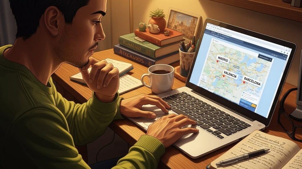 Cómo prepararse antes de mudarse a España desde Latinoamérica - "Ilustración realista de un inmigrante latino investigando ciudades de España en una laptop, como Madrid, Barcelona y Valencia."