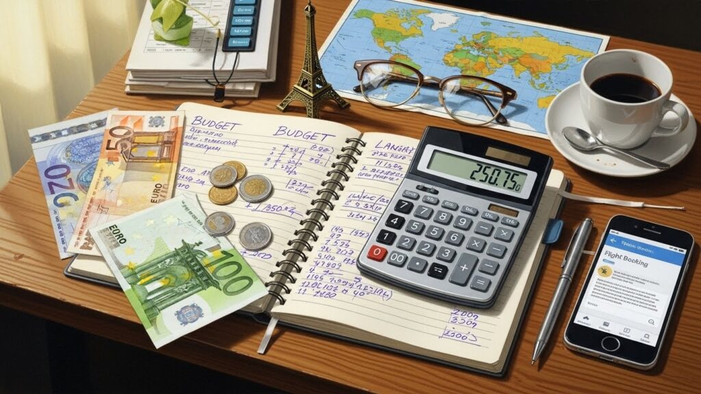 Cómo prepararse antes de mudarse a España desde Latinoamérica - "Ilustración realista de un cuaderno de presupuesto, euros, una calculadora y materiales de planificación de mudanza a España."