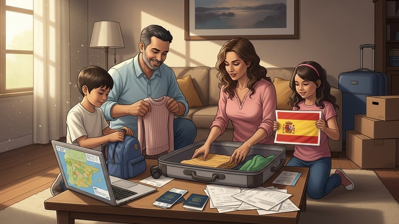 Cómo prepararse antes de mudarse a España desde Latinoamérica - "Ilustración realista de una familia latina preparando maletas y documentos antes de mudarse a España."