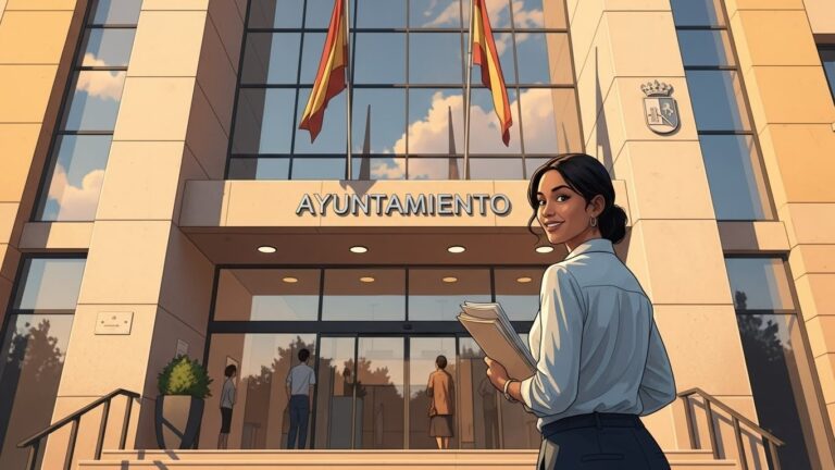 Cómo solicitar el Empadronamiento en España siendo inmigrante - “Ilustración de un inmigrante entregando documentos para empadronamiento en un Ayuntamiento de España.”
