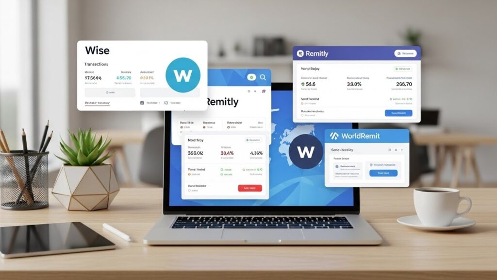 Consejos para enviar dinero desde España a tu país - “Ilustración realista comparando plataformas para enviar dinero desde España.”