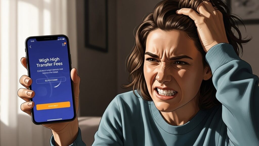 Consejos para enviar dinero desde España a tu país - “Ilustración realista de persona revisando comisiones altas al enviar dinero.”