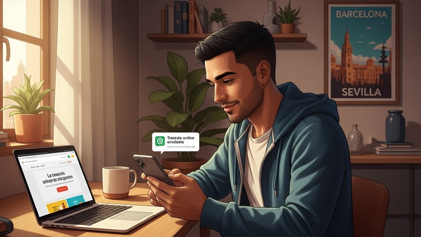 Consejos para enviar dinero desde España a tu país - “Ilustración realista de un latino enviando dinero desde España por internet.”