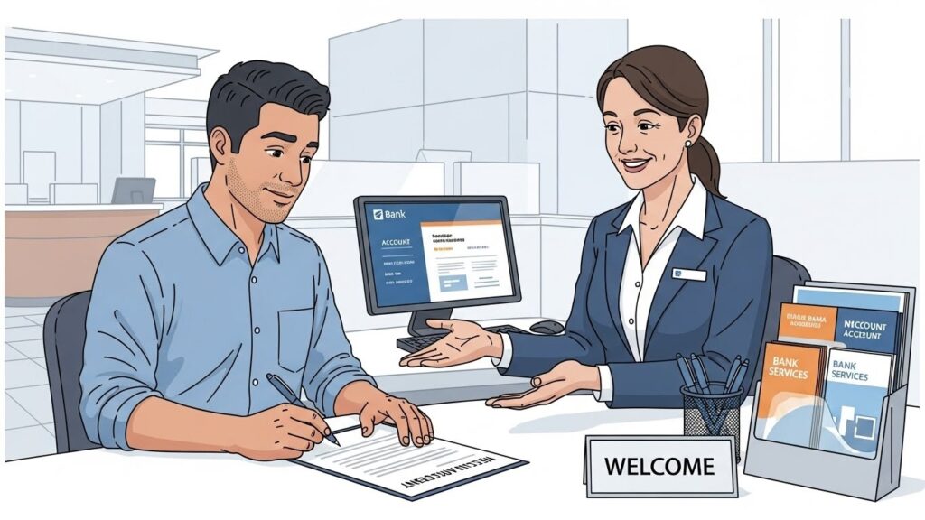 Consejos para latinos recién llegados a Estados Unidos - Inmigrante latino abriendo cuenta bancaria en USA