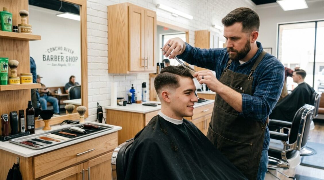 Corte clásico americano y peinado a tijera en la barbería Kickin Kuts en San Angelo Texas.