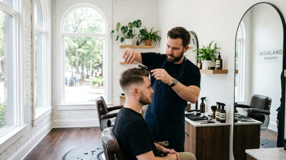 Corte clásico y peinado en el entorno minimalista de Sanctuary ATL Barber Co. en Atlanta.