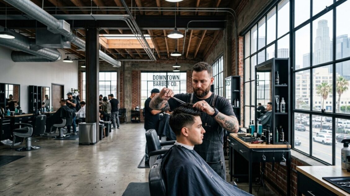 Corte con textura y técnica de tijera en el loft industrial de Saga Studios Barbershop en DTLA.