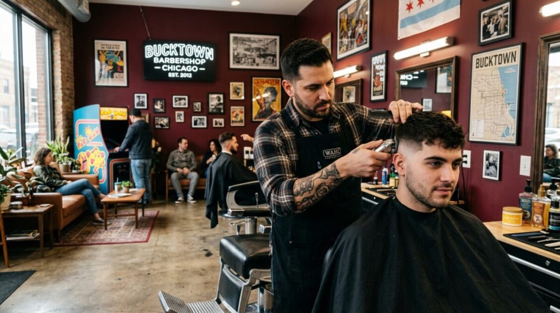 Corte de degradado urbano y ambiente de man cave en Barber Shop 606 en Bucktown Chicago.