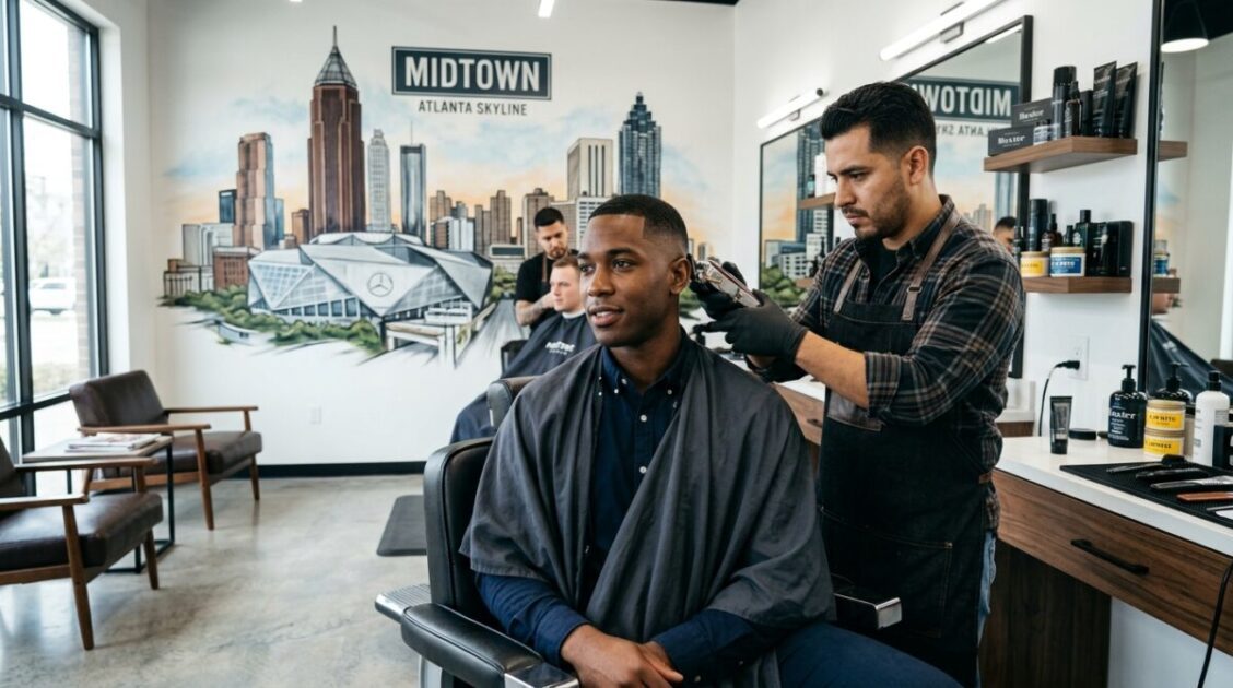 Corte de precisión en Eclectic Barbershop South Midtown con mural del skyline de Atlanta.