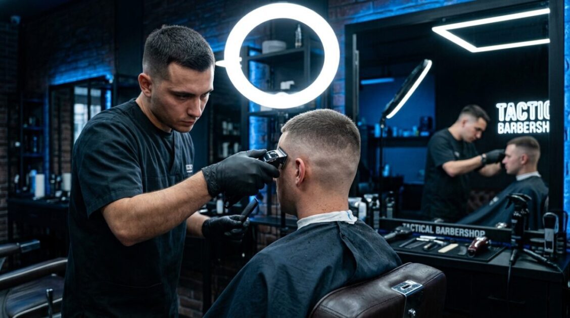 Corte taper fade militar bajo luces LED en el estudio Texas Fadez en Killeen.