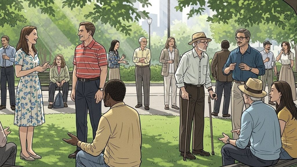 Costumbres de Estados Unidos que sorprenden a los latinos al llegar - Personas en Estados Unidos conversando con espacio personal típico de la cultura estadounidense.