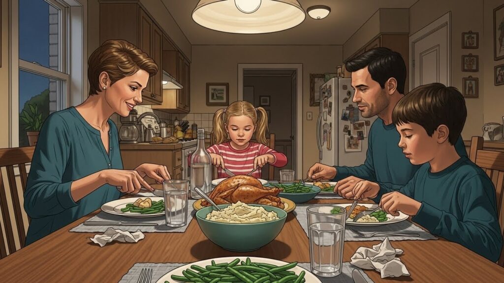 Costumbres de Estados Unidos que sorprenden a los latinos al llegar - Familia en Estados Unidos cenando temprano según su costumbre cotidiana.