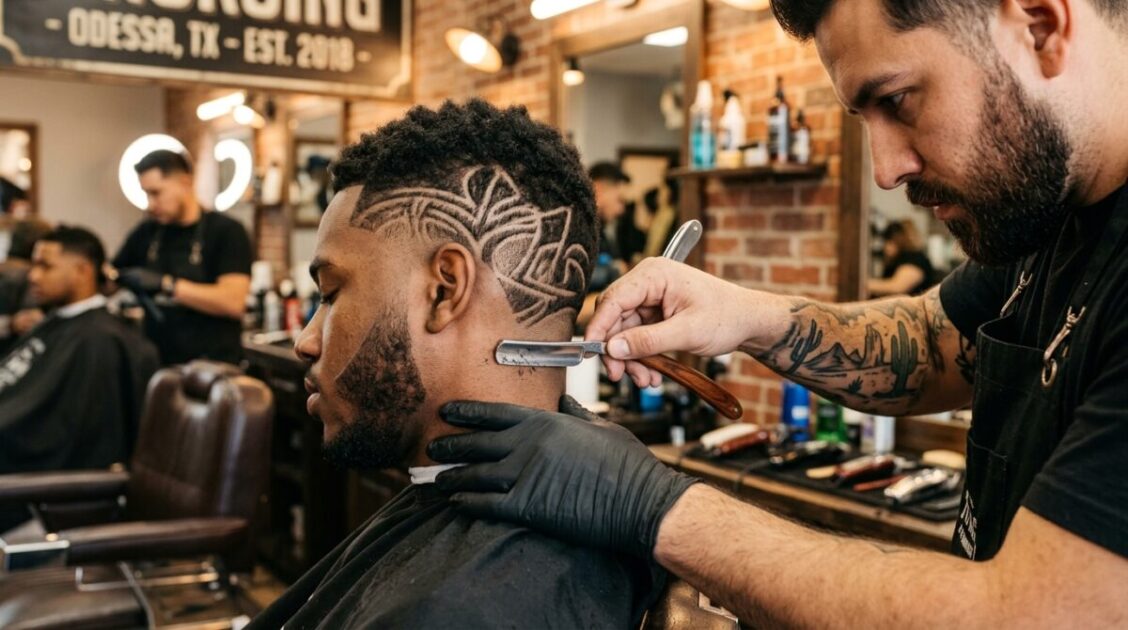 Diseño capilar con navaja y perfilado de barba preciso en J3A Barber Shop en Odessa Texas.