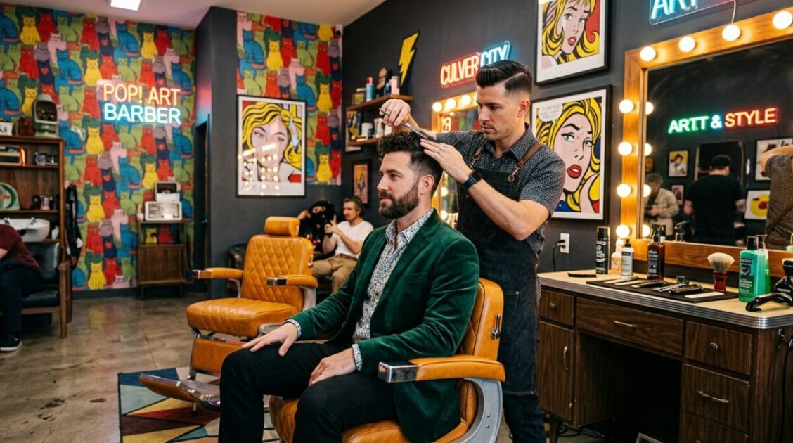 Estilismo masculino y corte de tijera en el salón pop art House of AANUKO Barbershop en Culver City.