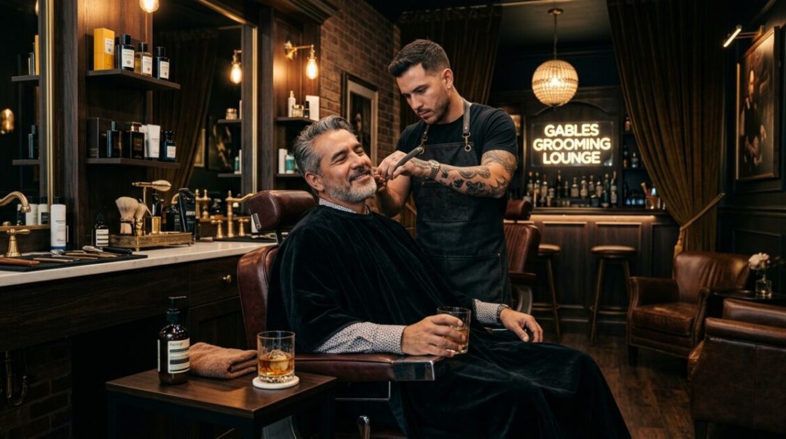 A client enjoying a luxury full VIP haircut and beard grooming session in an exclusive private lounge barbershop in Little Gables Miami. Plush leather seating, premium dark tones with warm ambient lighting, high-end grooming products, hyper-realistic, 8k resolution. --ar 16:9