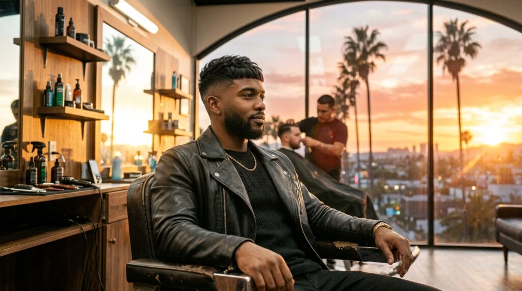Hombre con corte con textura y fade moderno en una barbería angelina con palmeras y atardecer de fondo.
