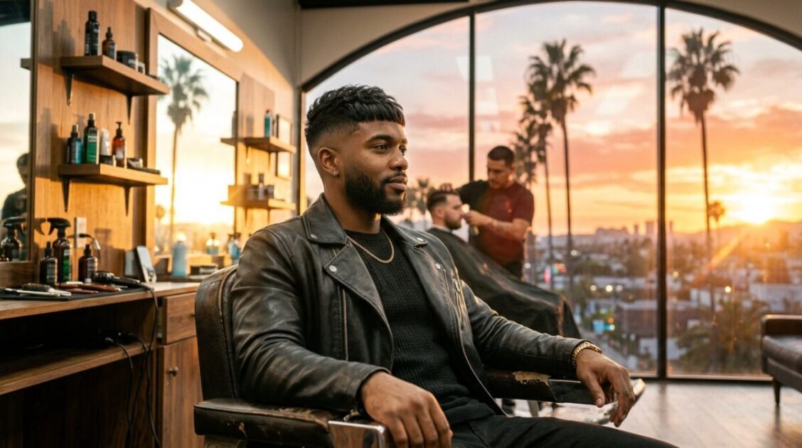 Hombre con corte con textura y fade moderno en una barbería angelina con palmeras y atardecer de fondo.