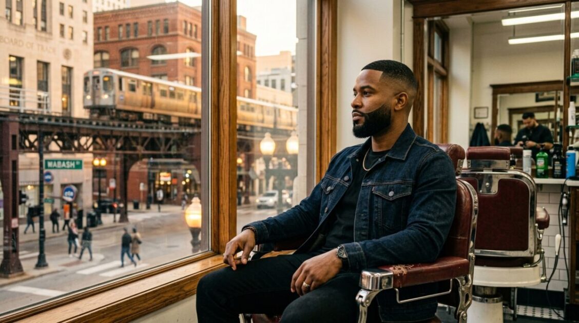 Hombre con corte fade impecable en una barbería con el tren elevado de Chicago de fondo al atardecer.