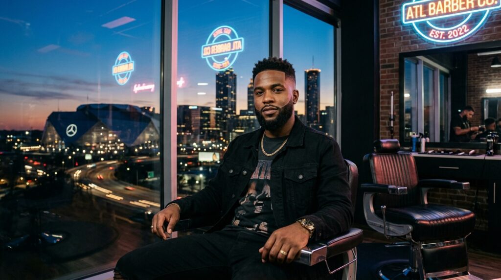 Hombre con corte fade nítido y barba alineada en una barbería con el skyline de Atlanta al atardecer.